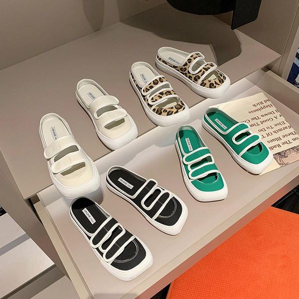 

slippers square toe female shoes flat luxury slides low platform 2021 cover designer fabric pu hook & loop canvas rubber cotton, Black