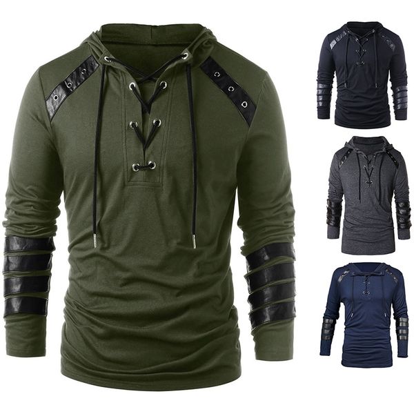 

men's hoodies.. personalized leather strap long sleeve men's solid lace up hoodie, Black