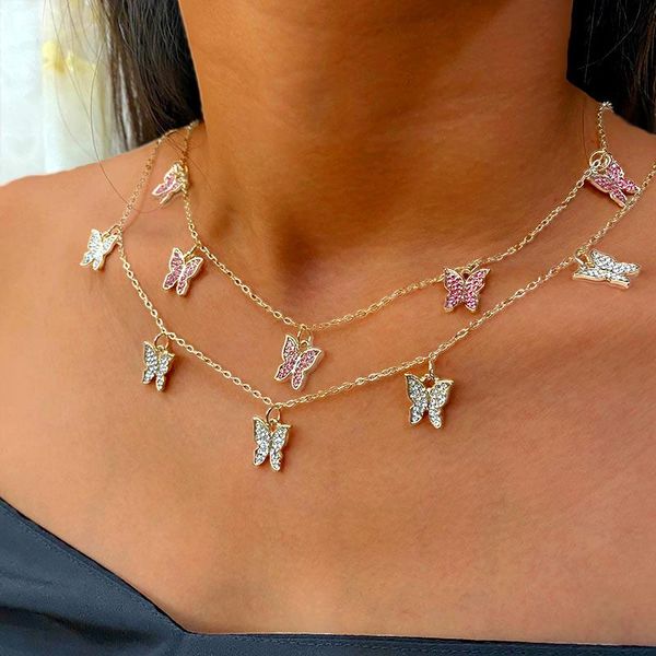 

chokers fashion shining rhinestone butterfly pendant necklaces for women simple clavicle long link necklace statement jewelry gifts 2021, Golden;silver