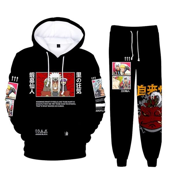 

qiyi clothing 2021 new naruto 3d digital fashion printed hooded sweater set, Black