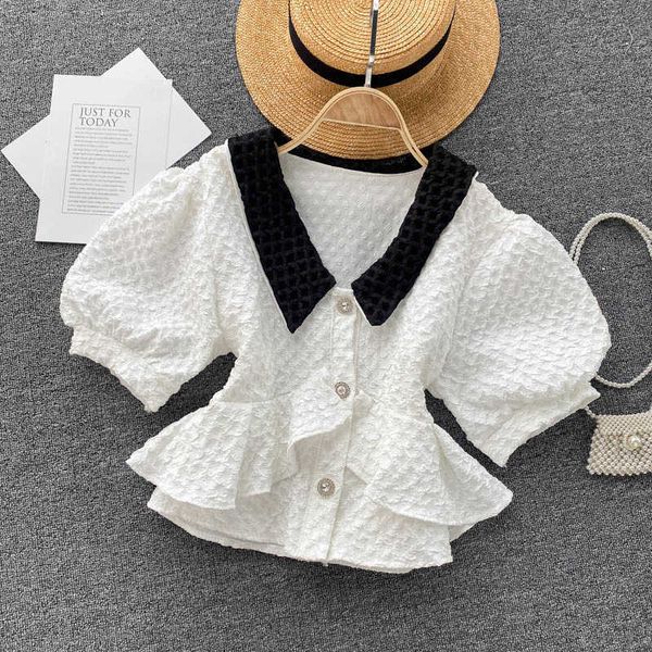 

vintage blouse sweet puff sleeve lapel color macthing shirt ruffles pearl button slim women's 210525, White