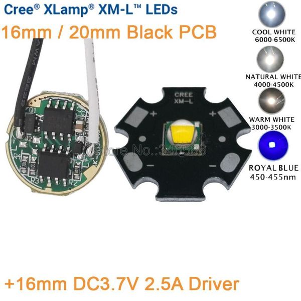 

light beads 16mm dc3.7v 2.5a driver 5 modes + cree xml xm-l t6 cold white neutral warm 10w high power led emitter black pcb