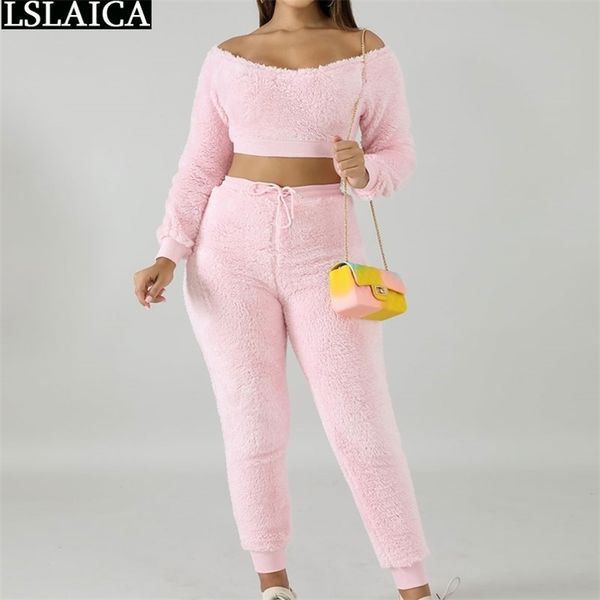 Duas peças Set Mulheres Outono Inverno Sólido Veludo Manga Longa Crop Tops Calças De Calças Conjuntos Sexy Outfits para Suor Suites 210515