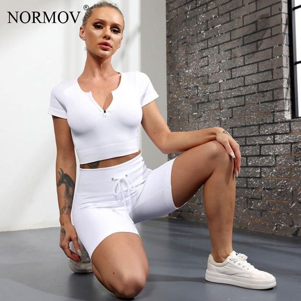 

women's tracksuits normov elasticity seamless 2 piece sets womens knitting skinny suits chest zipper short sleeve t-shirt shorts sport, Gray