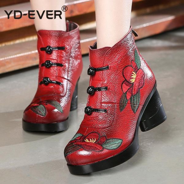 

boots floral ankle for women autumn winter genuine leather women's retro handmade comforable shoes high heels, Black