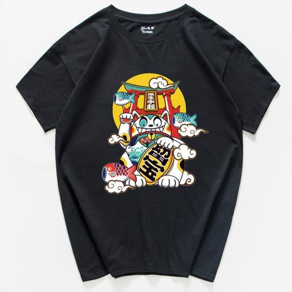 

japanese harajuku streetwear urban men t shirts style short sleeve hip hop casual cotton lucky cat oversize anime tshirts, White;black