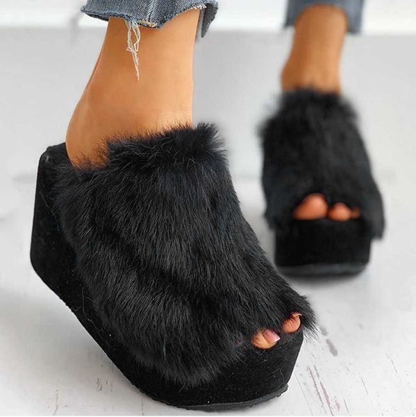 

shoe furry winter flock shoes woman thick soles peep toe slippers faux fur warm wedges sandals for women furry outdoor slippers p0828, Black