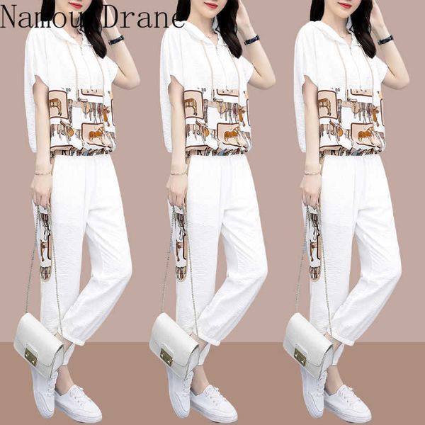 

women's two piece pants style fashion casual summer women's stitching printing hooded two-piece clothing axoh, White