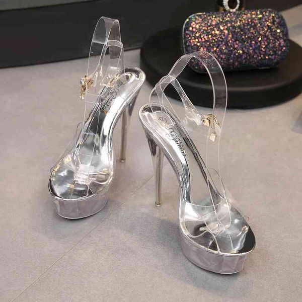 

summer super fine crystal high-heeled 14cm sandals waterproof female models catwalk shoes transparent steel tube 210516, Black