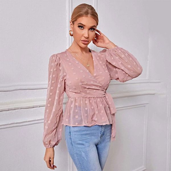 

women's blouses & shirts spring summer long sleeve solid v neck women chiffon sashes ruffle blouse small fur ball elegant office ladies, White