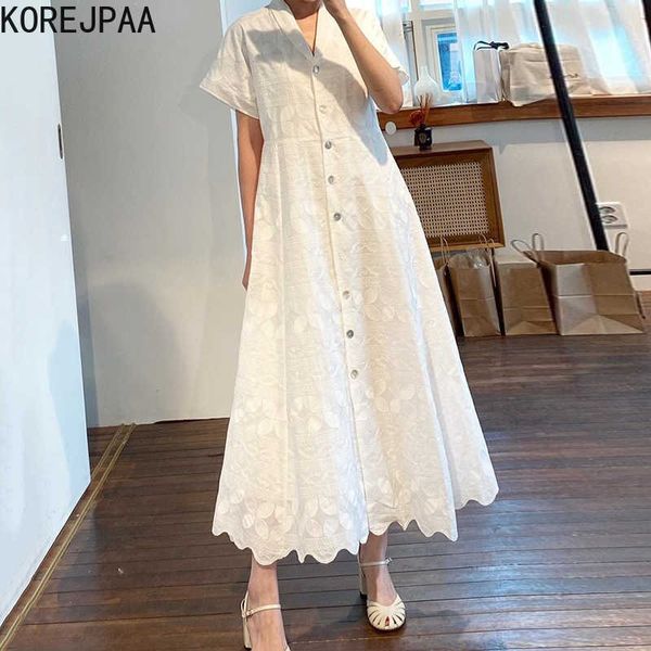 Korejpaa mulheres vestido verão coreano chique francês retro lapela Único-breasted crochet colchete manga balanço grande vestidos 210526