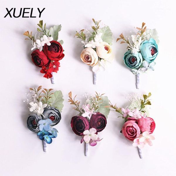

silk peony roses corsages boutonnieres wedding decoration mariage wrist corsage pin boutonniere flowers for guests bridesmaid decorative & w