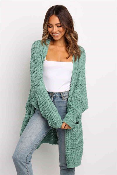 

women's knits & tees oversize knitted long cardigan for women pockets slim solid winter coat jacket female sleeve sweaters cardiga, White