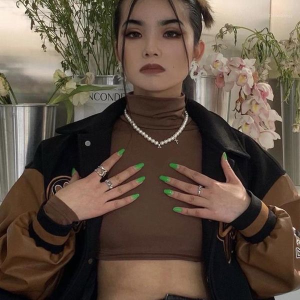 

women's jackets vintage leather stitching baseball uniform jacket female autumn winter embroidered long-sleeved hip-hop button cardigan, Black;brown