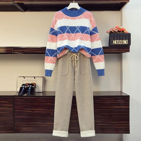

women's two piece pants plus size winter women tracksuit stripe knit sweater and woolen matching outfit large set female warm suit, White
