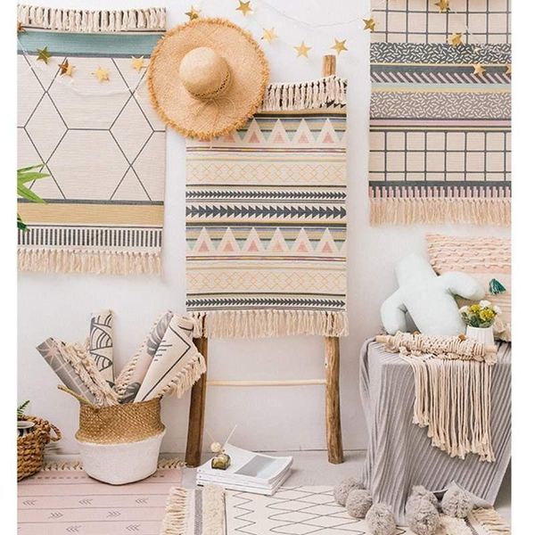 

retro style cotton floor mat hand woven tassel foot pad small area rug home decor blanket study bedroom sofa non slip cushion carpets
