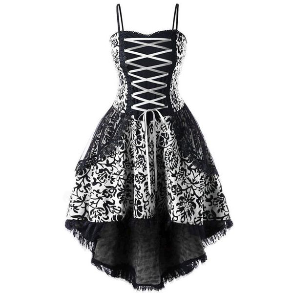 

gothic vintage lace patchwork women dress plus size goth bandage ladies spaghetti strap dresses 5xl fashion 2021 casual, Black;gray
