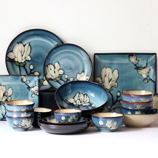 

japanese style magnolia flower hand painted fruit plate big soup bowl dessert cake kitchen tableware ceramic set dishes & plates