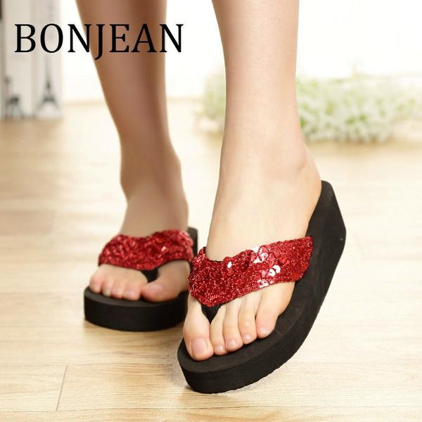 

bling shoes for women summer wedges slippers with sequin casual red flip flops ladies indoor bj1303, Black