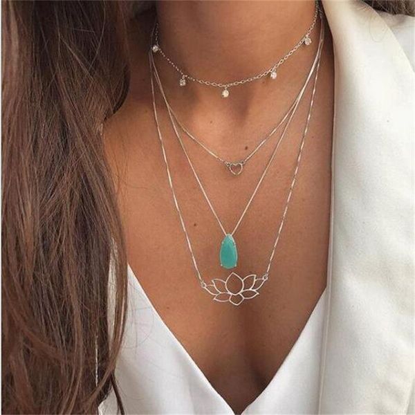 

pendant necklaces 4 pcs/set classic lady necklace heart blue pearl lotus crystal gold multilayer set wedding party jewelry, Silver