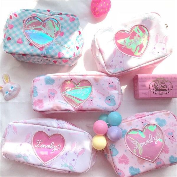 

milkjoy rabbit cosmetic cases cartoon bag lovely korea girls makeup laser hologram toiletry bags bentoy jelly heart pencil