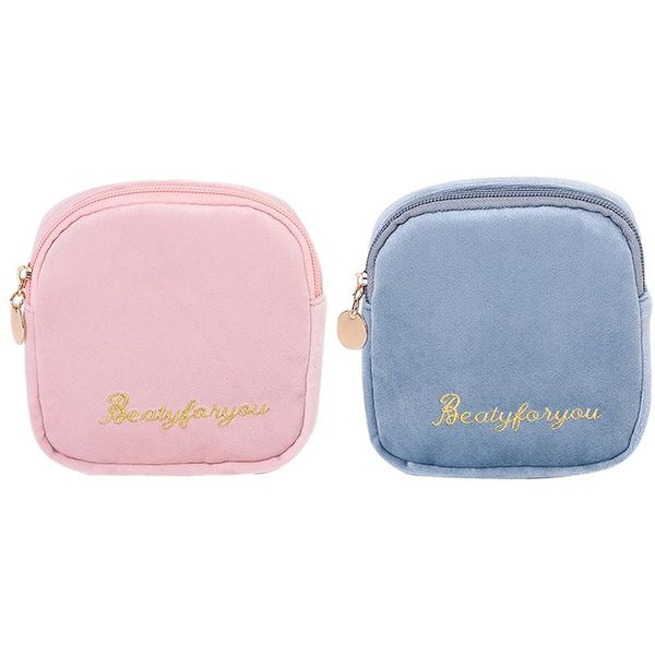 

2pcs solid cosmetic bag velvet toiletry make up storage organizer travel case beauty blue & pink bags cases