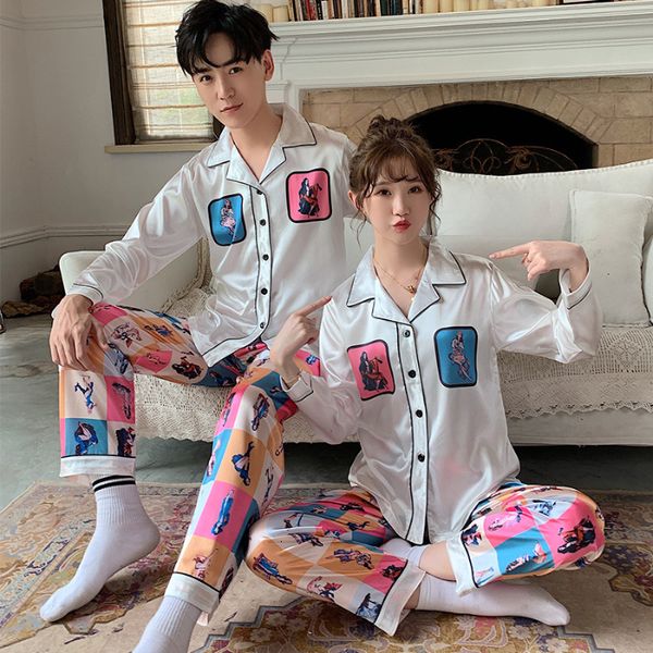 

women's sleepwear men's and women's silk satin pajama set, couple's 2 pieces, summer , kawai style, Black;red