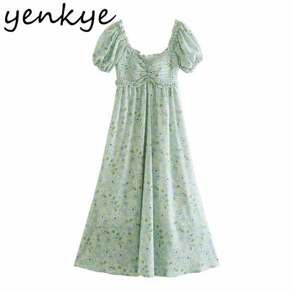 

summer women floral print holiday party dresses v neck puff sleeve robe femme high waist flowy elegant sundress 210430, Black;gray