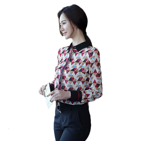 

sleepwear spring korean autumn long mangoes shirt chiffon hit geometric printing professional ol female fine blusa lq633 o4xn, Black;red