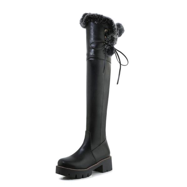 

boots cuffed faux fur thick-soled over-the-knee lace-up side buckle sweet thick-heeled warm and comfortable women's shoes, Black