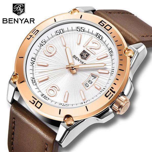 

wristwatches benyar 2021 men's watches quartz simple for men brand business clock fashion sport wrist watch relogio masculino, Slivery;brown
