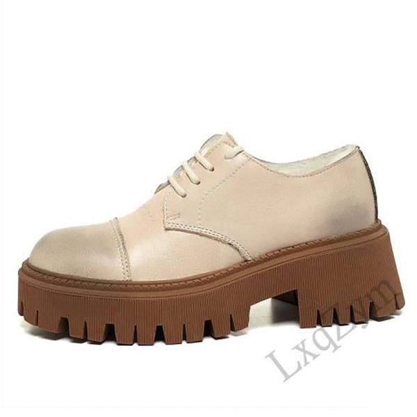 

round toe thick sole punk style woman lace up british real leather wool warm oxfords lady spring autumn leisure loafer shoes dress, Black