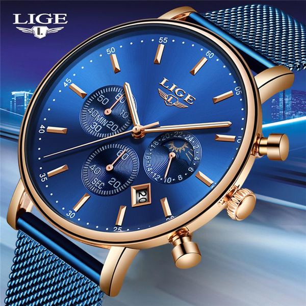 

mens watches lige fashion ultra thin blue strap quartz watch men moon phase clock calendar waterproof wristwatches, Slivery;brown