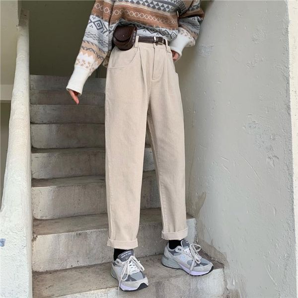 

autumn and winter vintage corduroy womens capri jeans high waist wide leg pants casual, Black;white