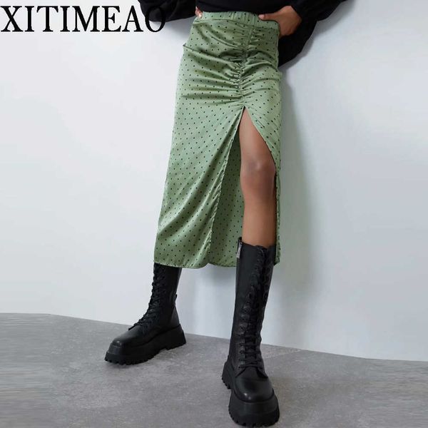 

za vintage elegant polka dot pleated midi skirt women fashion elastic waist side zipper slit female skirts chic faldas muje 210602, Black