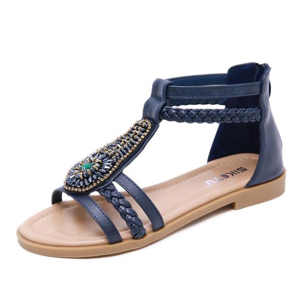 

sandals summer women's bohemia vintage beaded zipper rhinestone roman flat shoes, Black