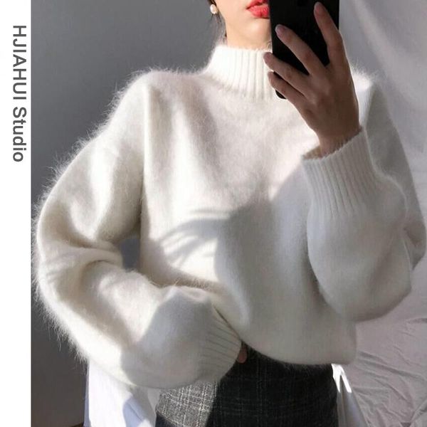 

women's sweaters autumn and winter white mohair loose lazy wind thick sweater outer wear semi-high collar pullover inner top, White;black