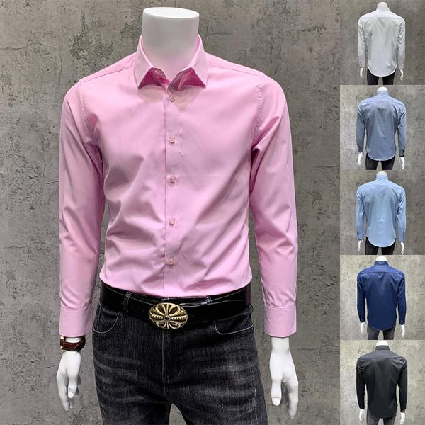 

men's dress shirts classic mens business casual long sleeve solid color lapel slim fit shirt office, White;black