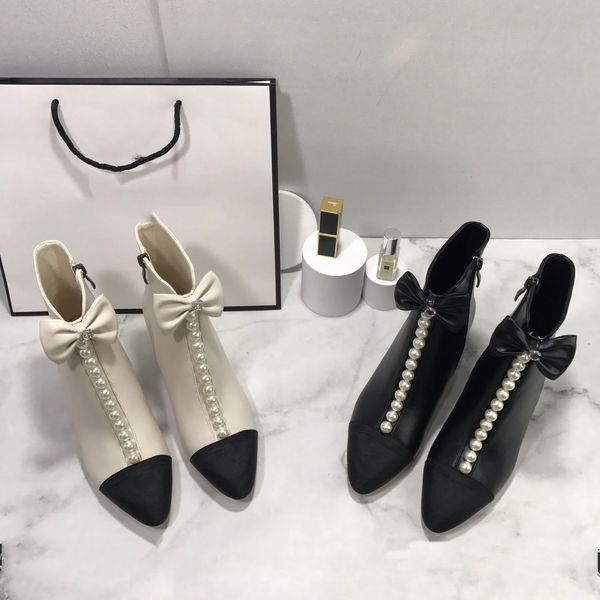 

luxury fashion c boots dress pearl leather pointed toe boot women high heels perfect brand ladies wedding bridal thick highs heel shoes size, Black