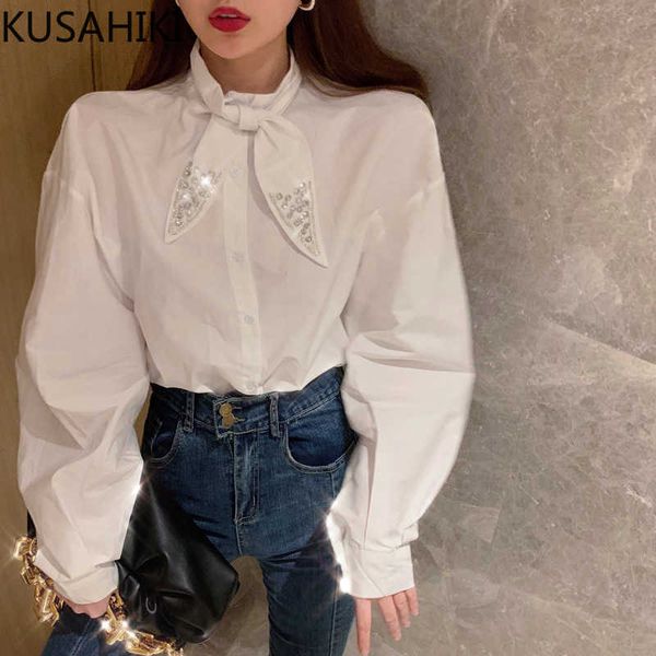 

korean diamonds bowknot stand neck blouse causal puff sleeve women shirt spring blusas feminimos 6f585 210603, White