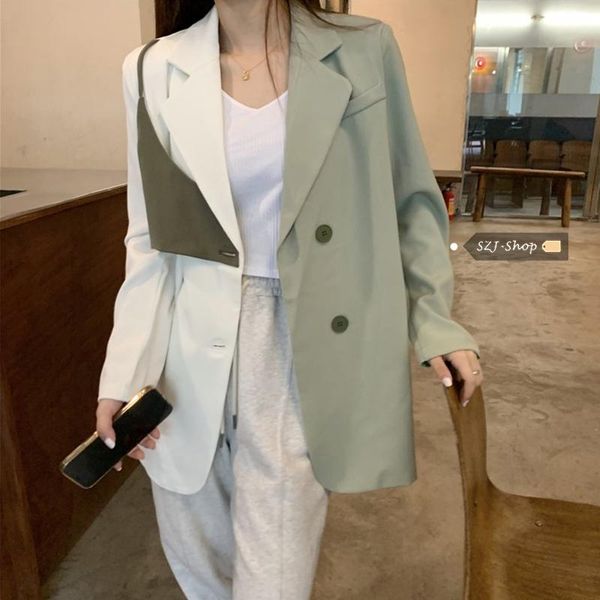 

women's suits & blazers temperament green patchwork women 2021 autumn slim korean chic fake two-piece office ladies coat fashion suit c, White;black