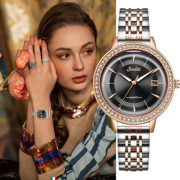 

wristwatches sunkta diamond luxury watch for women girl gift fashion watches clock ladies zegarek damski femme montre, Slivery;brown
