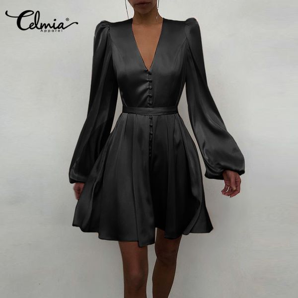 

dresses celmia v-neck satin party dress elegant high waist long sleeve mini sundress women summer solid color vestidos bandage robe, Black;gray