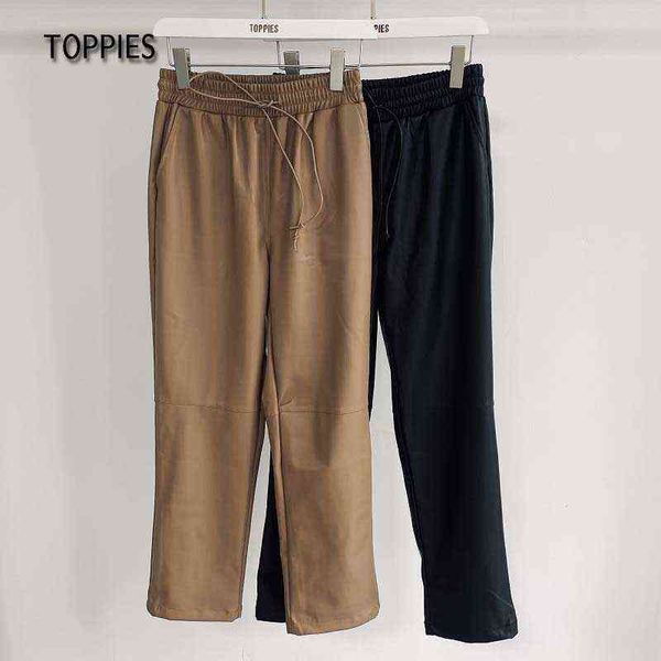 

ies winter fleece pu leather pants women high waist straight solid color spliced trousers streetwear 211124, Black;white