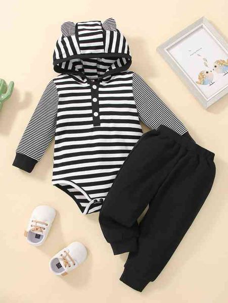 

baby striped 3d ear design hooded bodysuit & sweatpants she, White