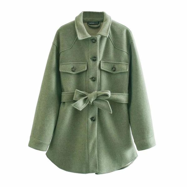 

women's wool & blends fashion european and american style casual simple shirt-style jacket autumn winter high-waist fitting belt, Black