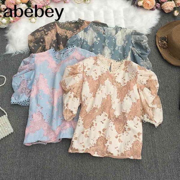 

summer retro all-match o-neck puff sleeve shirt hollow out lace stitching short print 210512, White