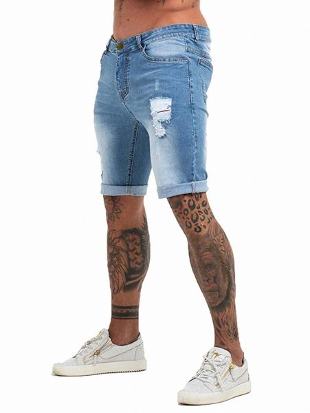 

men rolled hem ripped denim shorts 03kl#, Blue