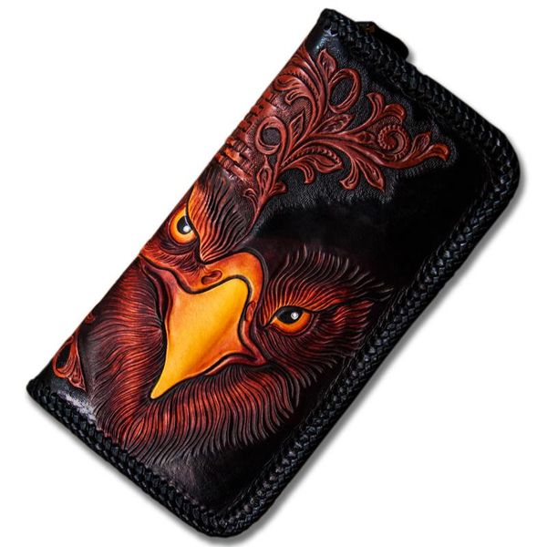

wallets handmade gentleman knitting carving eagle purses men long clutch vegetable tanned leather wallet card holder, Red;black