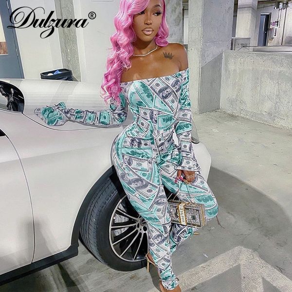 

dulzura dollar print women 2 piece set crop flare long sleeve off shoulder leggings bodycon streetwear sporty autumn winter, Black;white